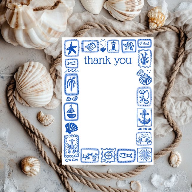 Kärlekslappar från havet Moderna söta bröllopsdusc Tack Kort (LoveNotes from the Sea Modern Cute Hand Drawn beach Bridal Shower Thank You  Note Card
)