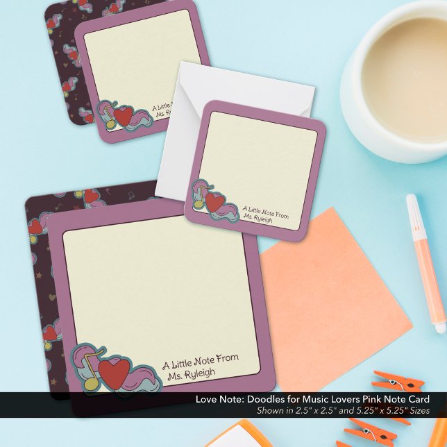 Kärleksnot: Klotter för musikälskare Rosa Anteckningskort (Love Note: Doodles for Music Lovers Pink Note Cards - Shown in the 2.5"x2.5" and 5.25"x5.25" Sizes)
