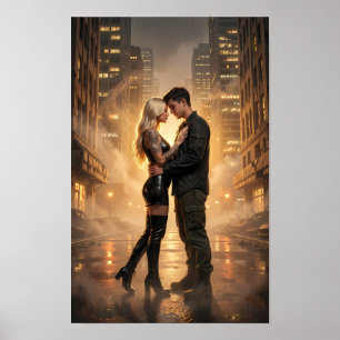 Kärlekspar i regn på en gyllene gatu-poster poster