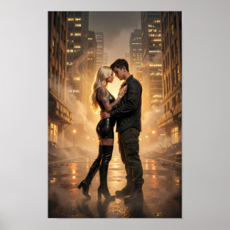 Kärlekspar i regn på en gyllene gatu-poster poster