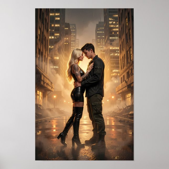 Kärlekspar i regn på en gyllene gatu-poster poster (Framsidan)