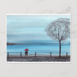 Kärleksparet med röd paraply vykort