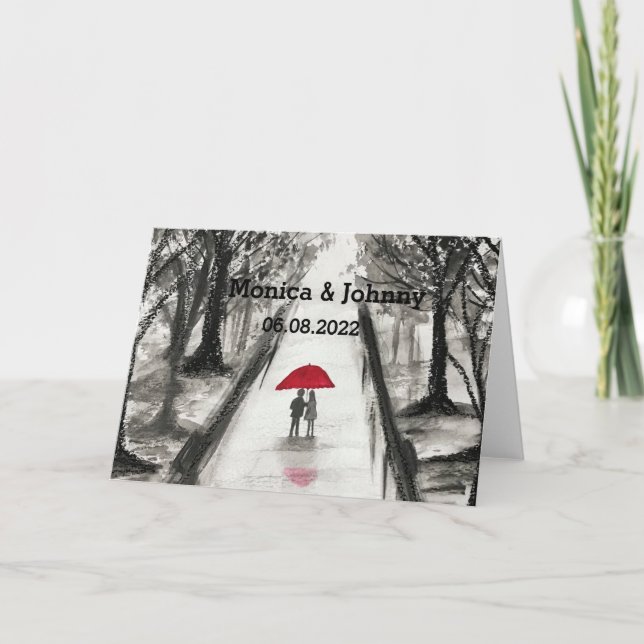 Kärleksparet röd paraply Bröllop Bröllopsdusch Kort (Framsida)