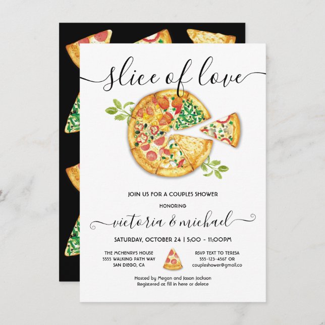 Kärlekspizzafest - bröllopsdusch inbjudningar (Fram/baksida)