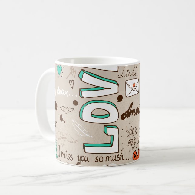 Kärlekssitat Doodle-mönster Kaffemugg (Framsida vänster)
