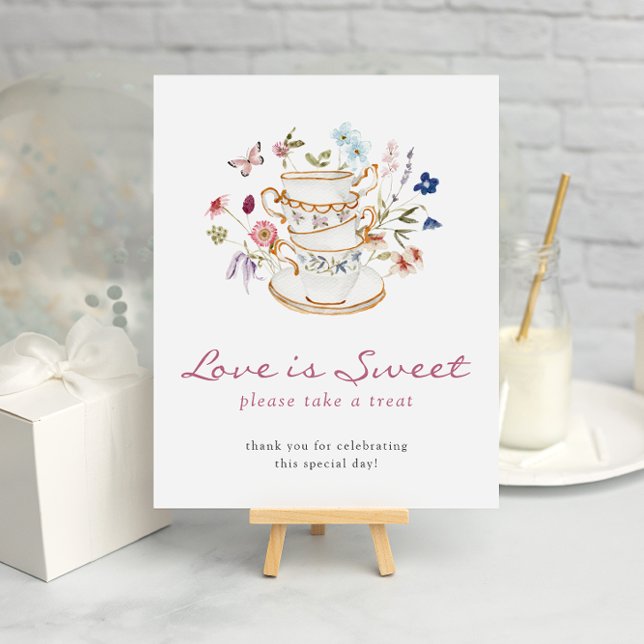Kärleksteaffisch Är Söt Poster (Wildflower Bridal Tea Party Love Is Sweet Poster with Butterfly by Painted Paperie
)