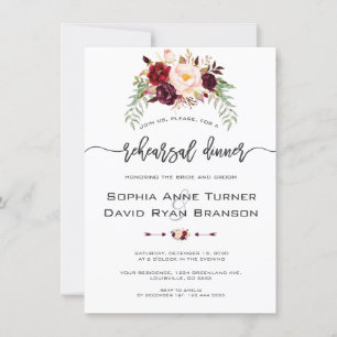 Karm Burgundy Blommigt Handwrite Rehearsal Dinner Inbjudningar