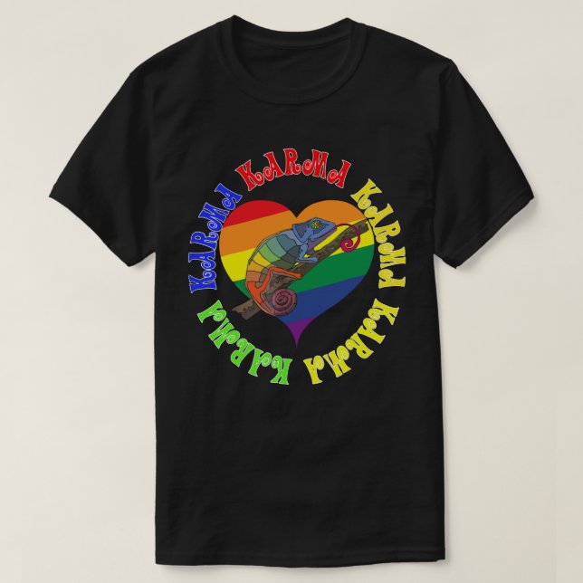 Karma Karma Karma Rainbow Chameleon Heart T Shirt (Design framsida)