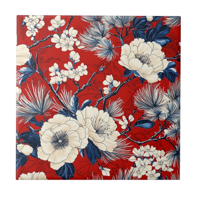 Karmosin Indigo Peony Vinter Blommönster Kakelplatta (Framsidan)