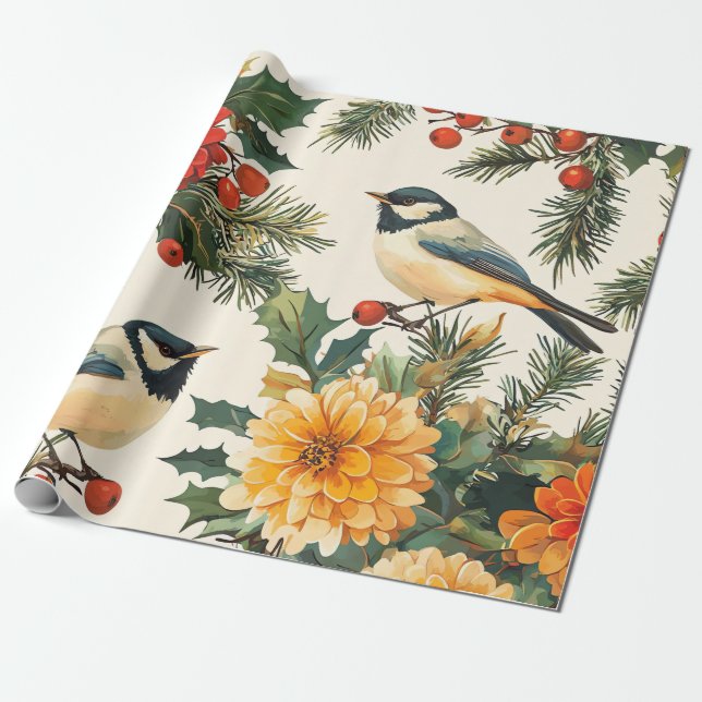 Karmosinröd Dahlia Chickadee Jul Kräm Mönster Presentpapper (Utrullad)