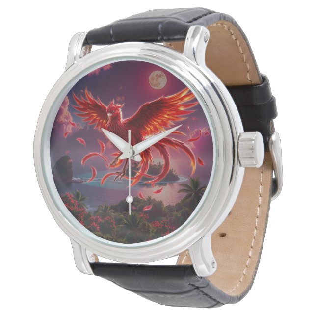 Karmosinröd Fenix av den månbelysta tidvågen. Armbandsur (Vinklad)