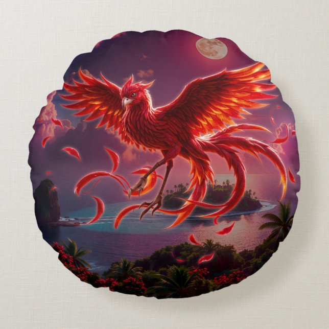 Karmosinröd Fenix av den månbelysta tidvattnet. Rund Kudde (Framsidan)