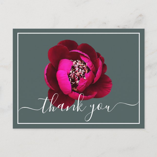 Karmosinröd Peony Grön Bakgrund Tack Vykort (Framsida)