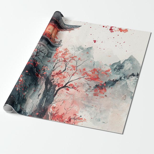 Karmosinröd Sakura-Pagoda i akvarell Presentpapper (Utrullad)
