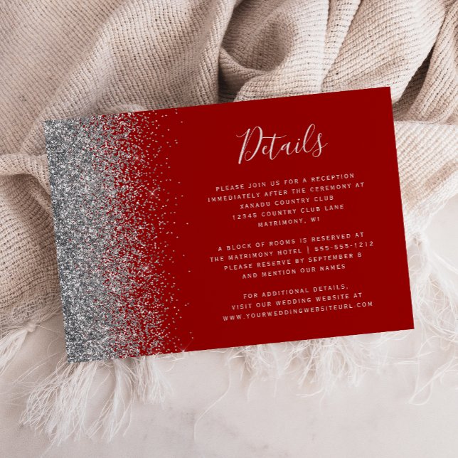 Karmosinröd Silver Glitter Kant Bröllopsdetaljer Tilläggskort (Skapare uppladdad)