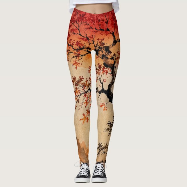 Karmosinröd sol över Livets Träd Leggings (Framsida)
