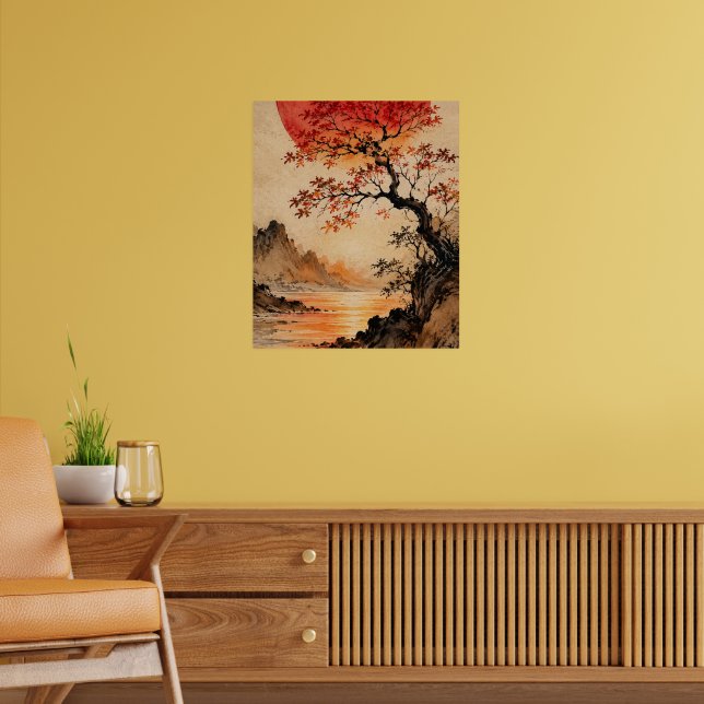 Karmosinröd sol över Livets Träd Poster (Vardagsrum 2)
