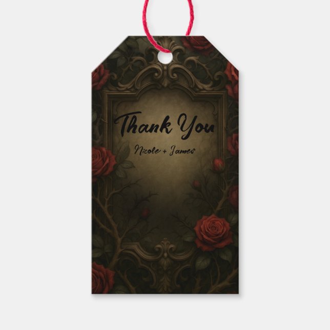 Karmosinröd törnros Gotisk Bröllopsbarock Presentetikett (Framsidan)