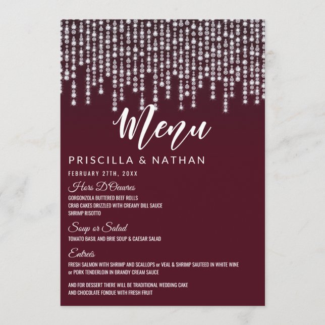 Karmosinröda Hängande Diamantljus Bröllopsmeny Meny (Framsida)