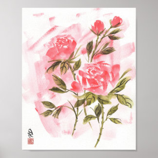 Karmosinröda rosor i morgonljus poster