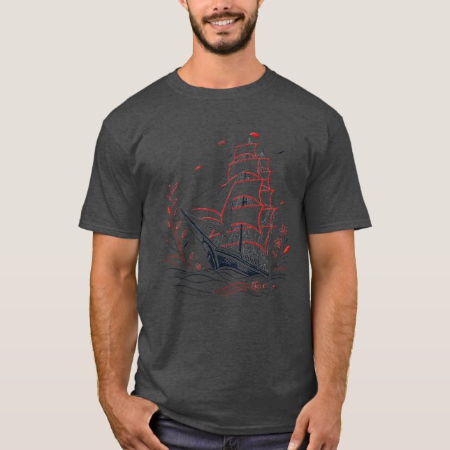 Karmosinröda segel gotiskt skepp t shirt (Framsida)