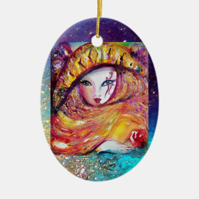 KARNISK MASK I GULD GULT MED RÖD ROS JULGRANSPRYDNAD KERAMIK (Framsidan)