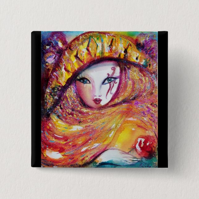 KARNISK MASK I GULD GULT MED RÖD ROS KNAPP (Framsida)