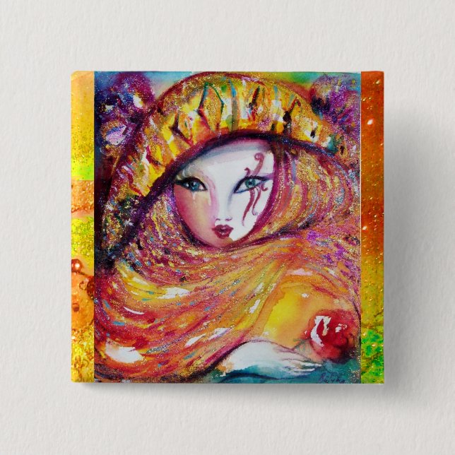 KARNISK MASK I GULD GULT MED RÖD ROS KNAPP (Framsida)