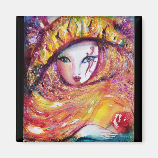 KARNISK MASK I GULD GULT MED RÖD ROS MAGNET (Framsidan)