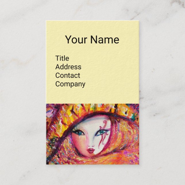 KARNISK MASK I GULT MED RÖD ROS Cream Visitkort (Framsida)