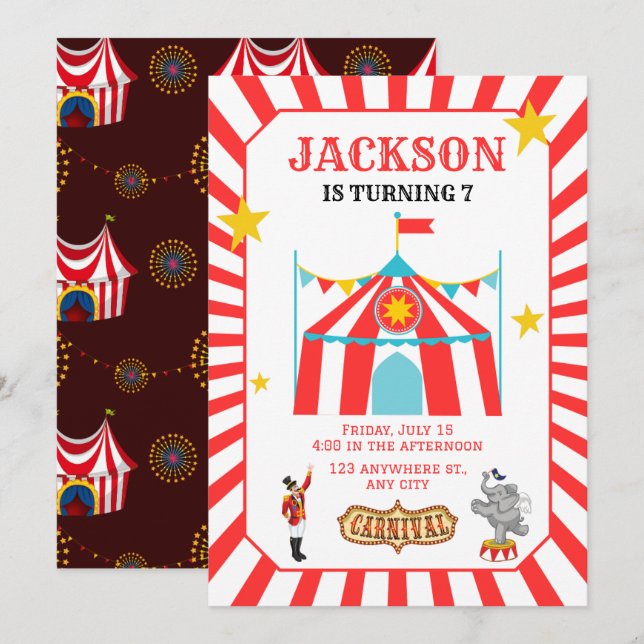 Karnival Circus Birthday-inbjudan Inbjudningar (Fram/baksida)