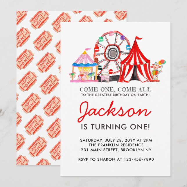 Karnival Circus Fair Party Kid Birthday-inbjudan Inbjudningar (Fram/baksida)