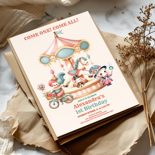 Karnival Circus-festival Visa första födelsedag Inbjudningar (Skapare uppladdad)