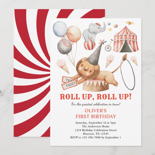 Karnival Circus Kids 1:a födelsedagspartiets inbju Inbjudningar (Fram/baksida)