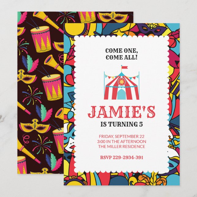 Karnival Circus Pary Birthday-inbjudan Inbjudningar (Fram/baksida)