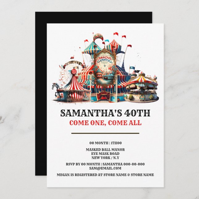 Karnivalsdagars retro cirkus tält karusellhjul inbjudningar (Fram/baksida)