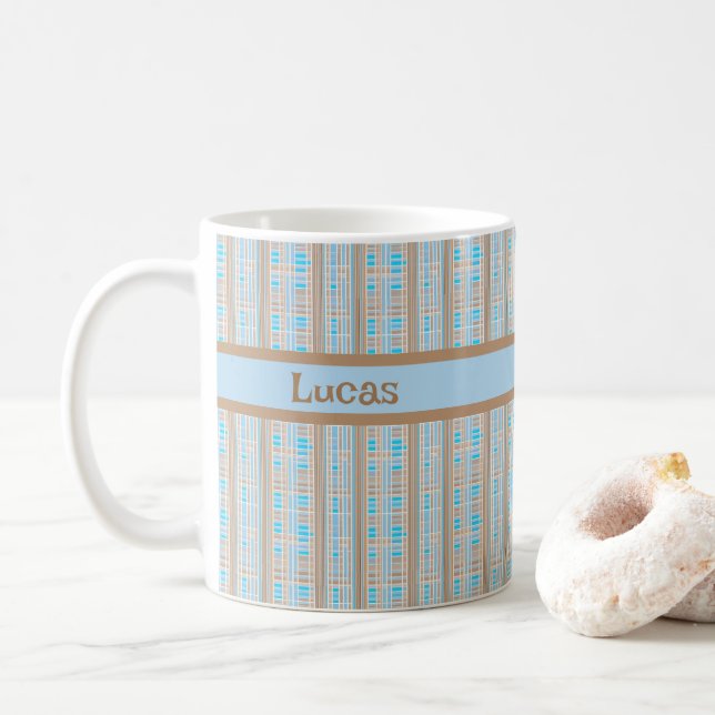 Karomuster blau braun grau kaffemugg (Med munk)