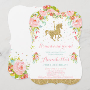 Karousel Birthday Call Blommigt Rosa Mint Guld Inbjudningar