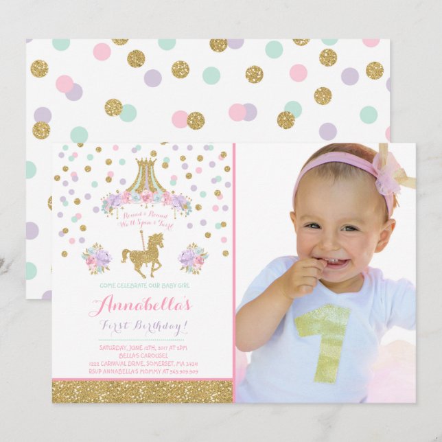 Karousel Birthday Call Blommigt Rosa Mint Guld Inbjudningar (Fram/baksida)