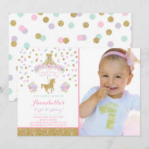 Karousel Birthday Call Blommigt Rosa Mint Guld Inbjudningar