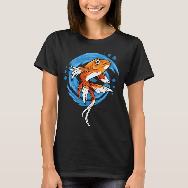Karp Koi Fisk på Blå Vågor T Shirt (Framsida)