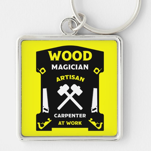 Karpentry and Woodworking Fyrkantig Silverfärgad Nyckelring (Framsidan)