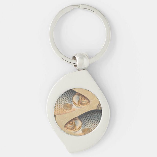 Karpfiske målning sötvatten teckning  swirl silverfärgad nyckelring (Framsidan)