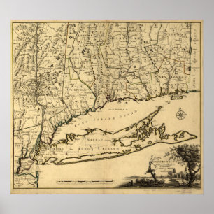 Karta 1780 av Connecticut och Long Islandet, NY Poster