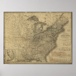 Karta 1840 av kanalerna & järnvägarna av USA Poster