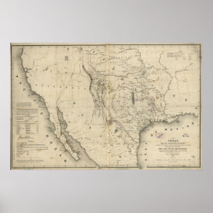 Karta 1844 av republiken av närgränsande Texas & Poster