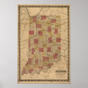 Karta 1858 av Indiana som visar stänger och Poster