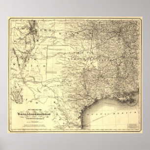 Karta 1867 av Houston & Texas centraljärnväg Poster