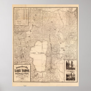Karta 1874 av Lake Tahoe område Kalifornien & Poster