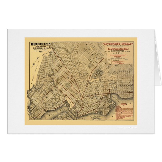 Karta 1874 för Brooklyn stadsjärnväg Hälsningskort (Framsidan Horizontal)
